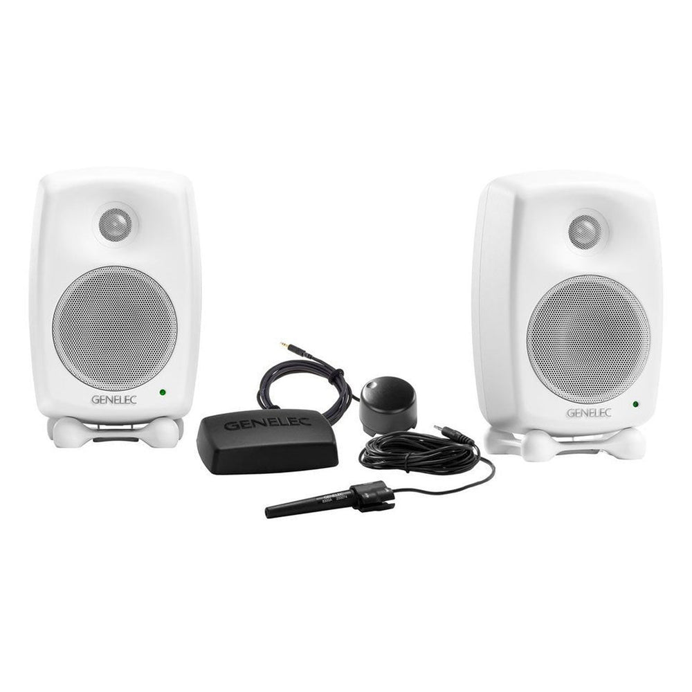 Genelec 8320AWM-PACK white stereo monitoring package with two monitors and GLM - front view