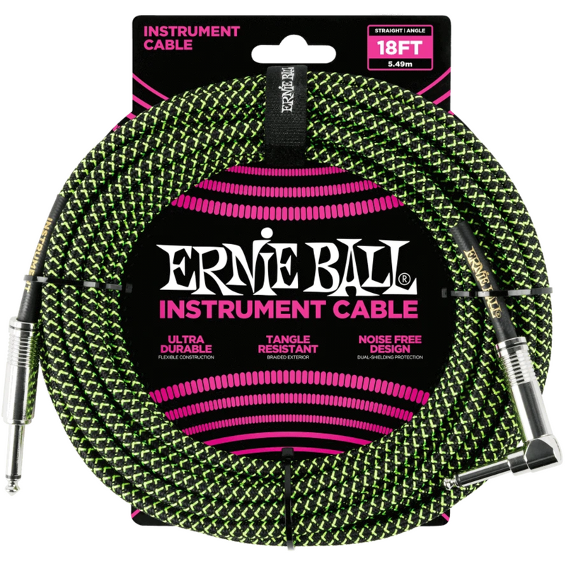 ERNIE BALL 18' STRGHT/ANGLE BRAIDED BLACK/GREEN