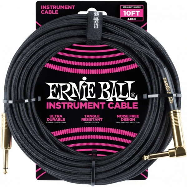 Ernie Ball 10' Strght/Angle Braided GOLD-TIP Black