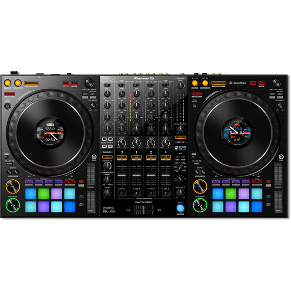 The Pioneer DDJ-1000 rekordbox dj Controller provides 4 channels of DJ performance control and deep integration with rekordbox dj in a familiar format borrowed from the Pioneer's flagship DJM-900NX2 and CDJ-2000NX2 equipment. Full-sized jog wheels feature customizable color LCD displays located in the center.