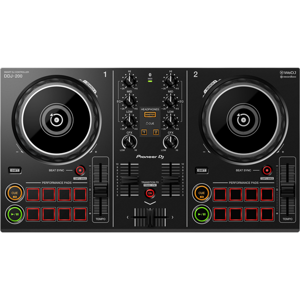 The Pioneer DDJ-200 is the latest entry-level smart DJ controller with compatibility with Windows, Mac, iOS, and Android devices. The two-channel controller features a jog wheel, tempo slider, cue and play/pause buttons, beat sync, and eight performance pads per deck.